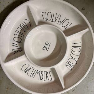 Rae Dunn White Ceramic Divided Veggie Serving Platter with Dip Bowl